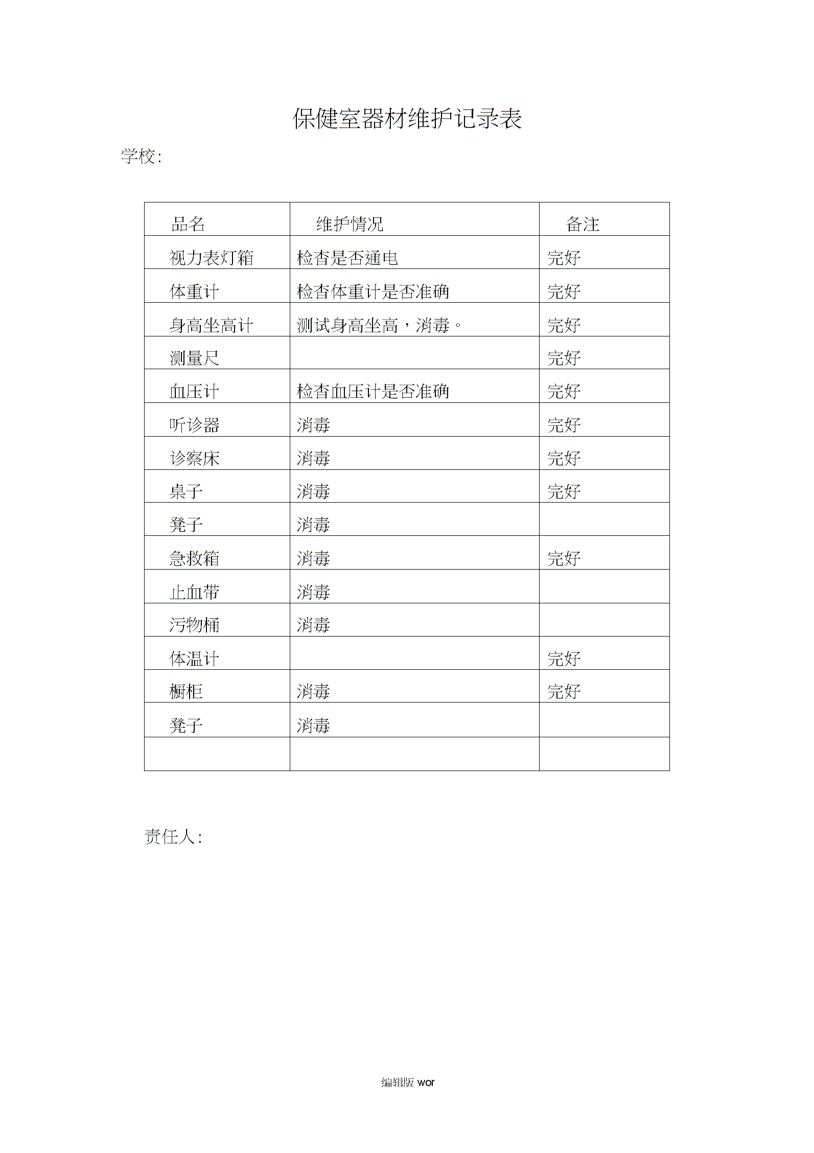 保健室设备登记表及保健器材使用规范指南